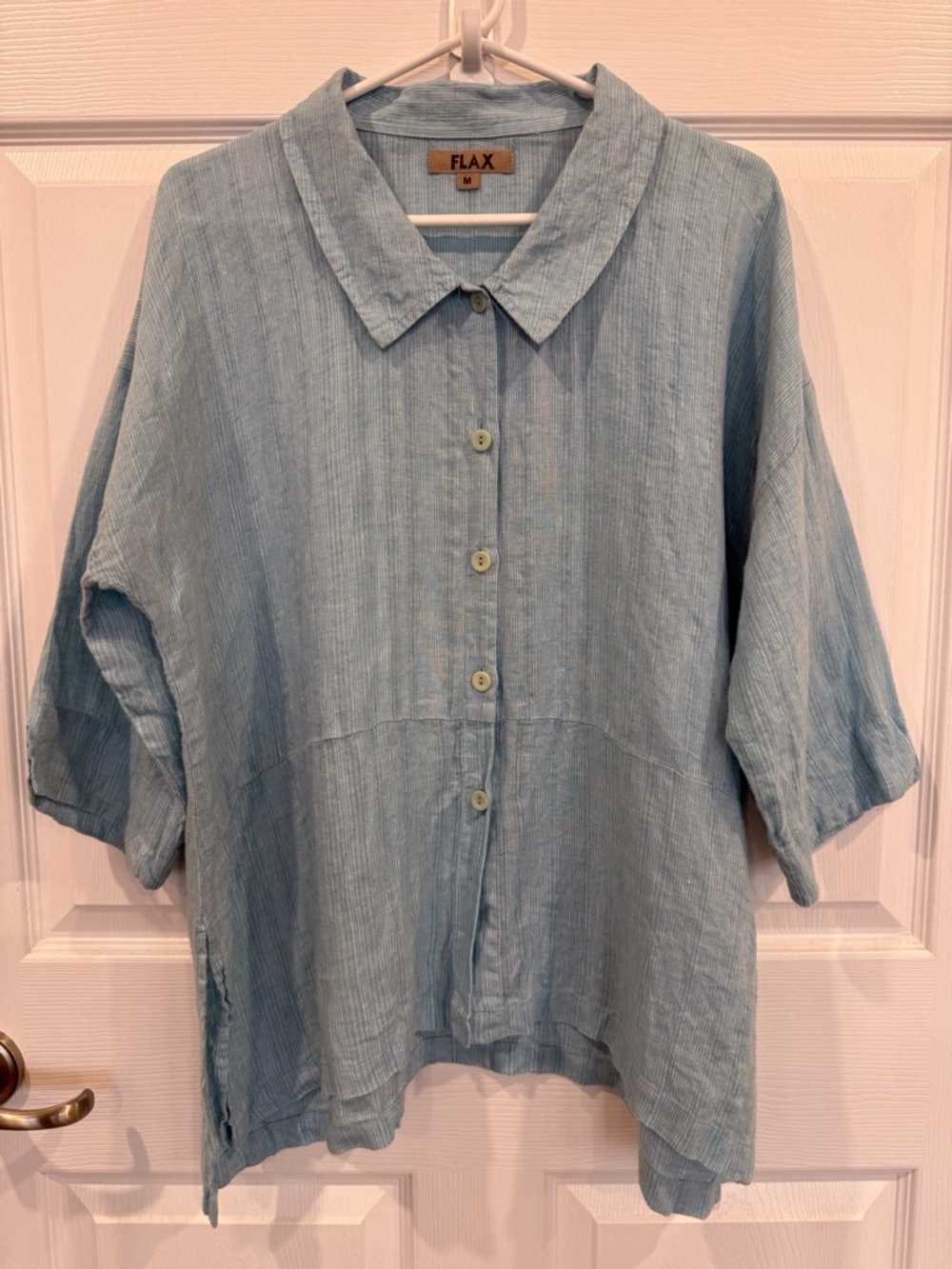 Flax Linen Button-Front top subtle  turquoise white stripe Lagenlook relaxed fit